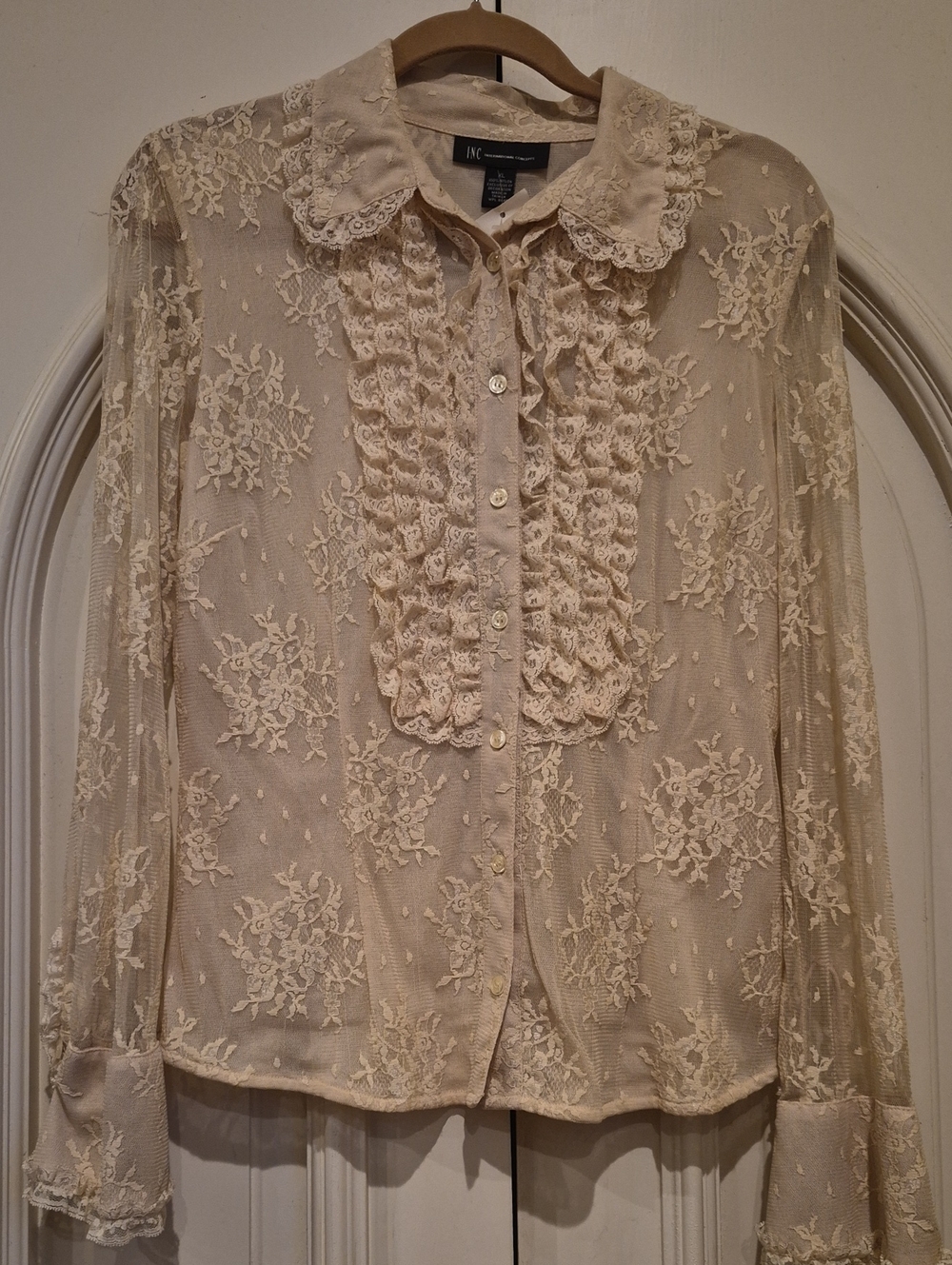 INC International Concepts Cream Lace Ruffled Button-Front Blouse